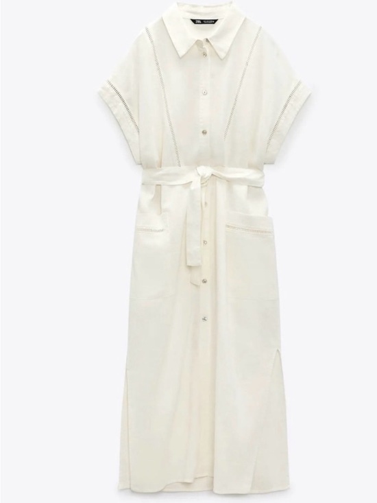 Zara Dresses & Skirts - ZARA Linen Blend Lace Insert Belted Button Down Cream Midi Dress Size S